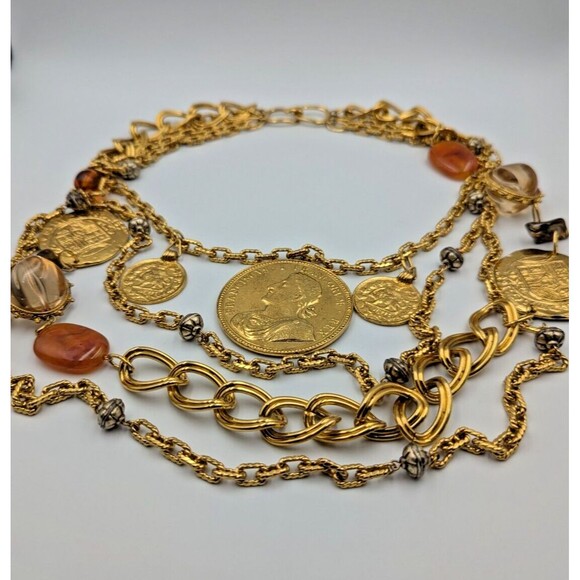 Vintage Les Bernard Gold Tone Multi Stand Coin Lucite Long Statement Necklace - Picture 3 of 16